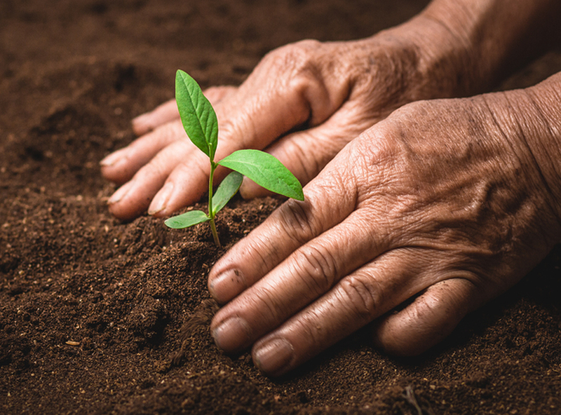 A small plant being planted in rich looking soil