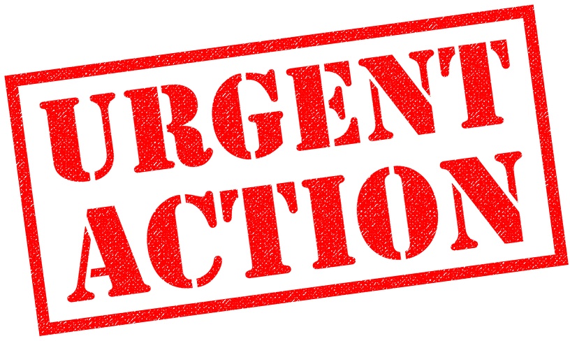 URGENT ACTION red Rubber Stamp over a white background.