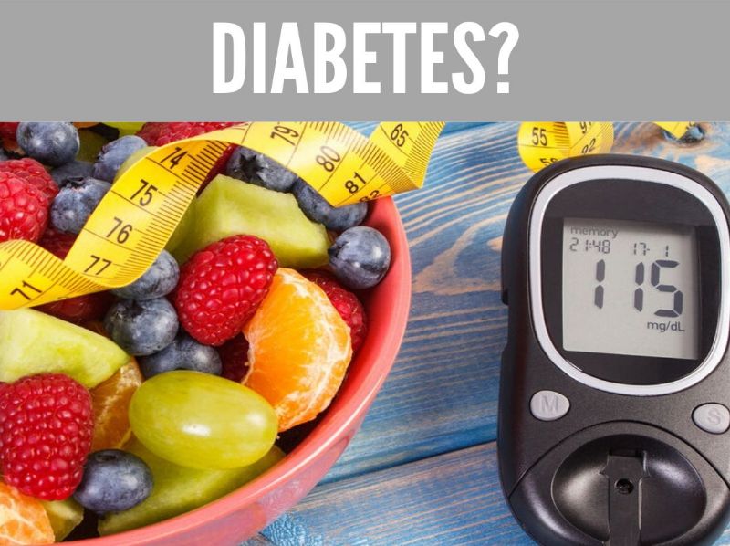 An image of fruit and a glucose reader representing diabetes 