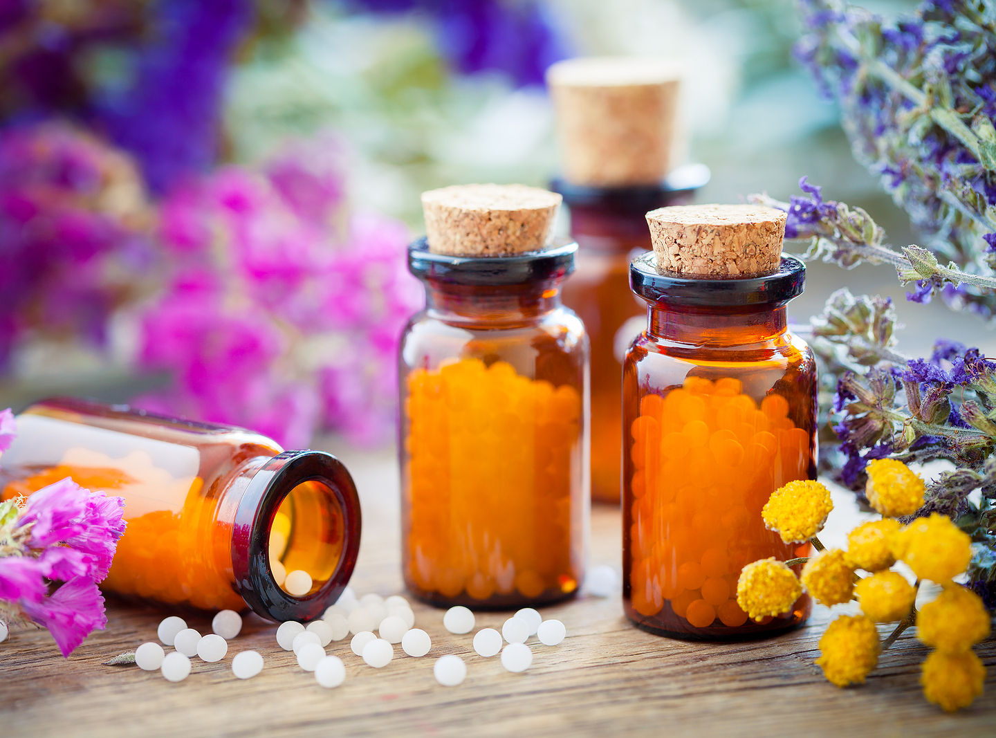 Bottles of homeopathic pills, which might treat problems such as infections, arthritis, weight problems, hot flushes, and more.